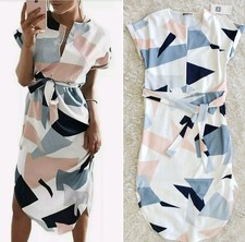 ECOWISH Summer Casual V-Neck Floral Print Geometric Pattern Belted Midi Dress