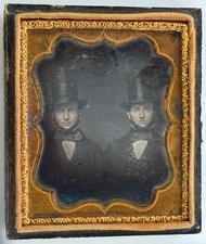 1860s 1/6 Plate Daguerreotype ID'd Portrait of Funny Twins in Stovepipe Top Hats