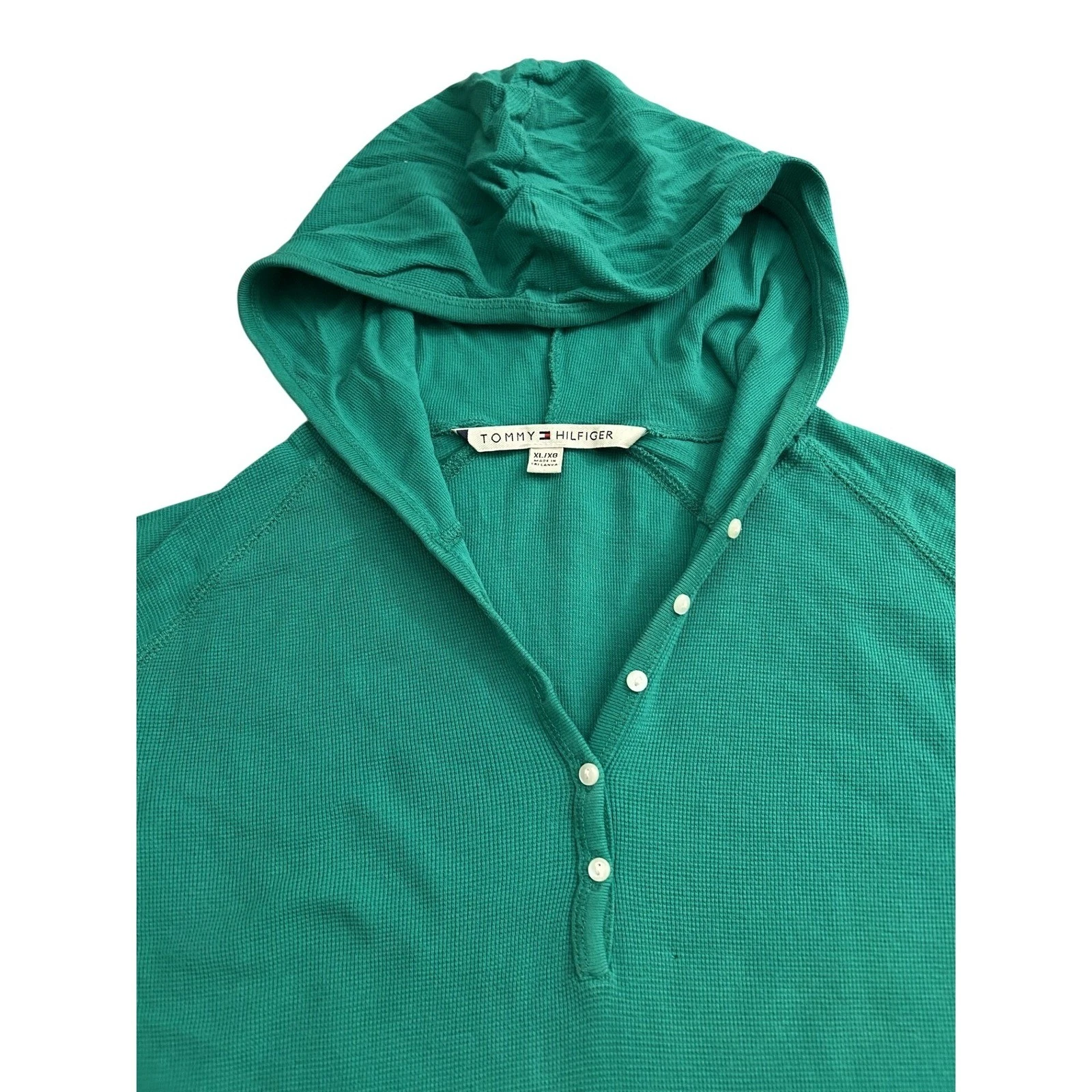 Tommy Hilfiger Thermal Hoodie Womens XL Green Henley Waffle Knit Long Sleeve Top