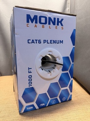 Monk Cables CAT6 Plenum Cable 1000ft Black UTP 23AWG 550MHz DSX-8000 NEW