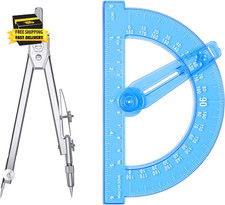 Student Geometry Math Set, Drawing Compass and 6 Inch Blue Swing Arm Protractors