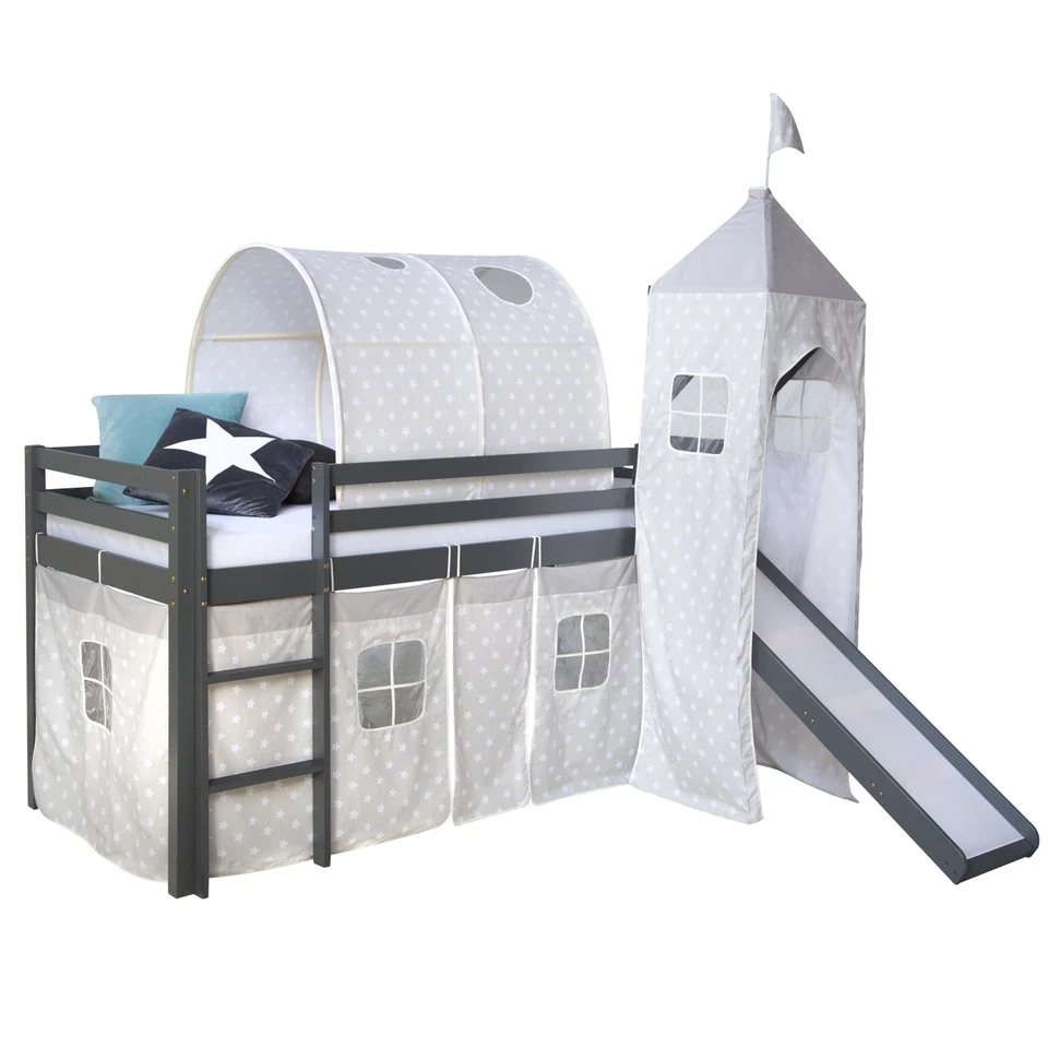 Lit superposé d'enfant 90x200 bois gris barrière de lit toboggan Homestyle4u - Photo 2/4