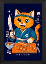 Cat Sushi Chef Cartoon Illustration Framed Wall Art Poster Canvas Print Picture