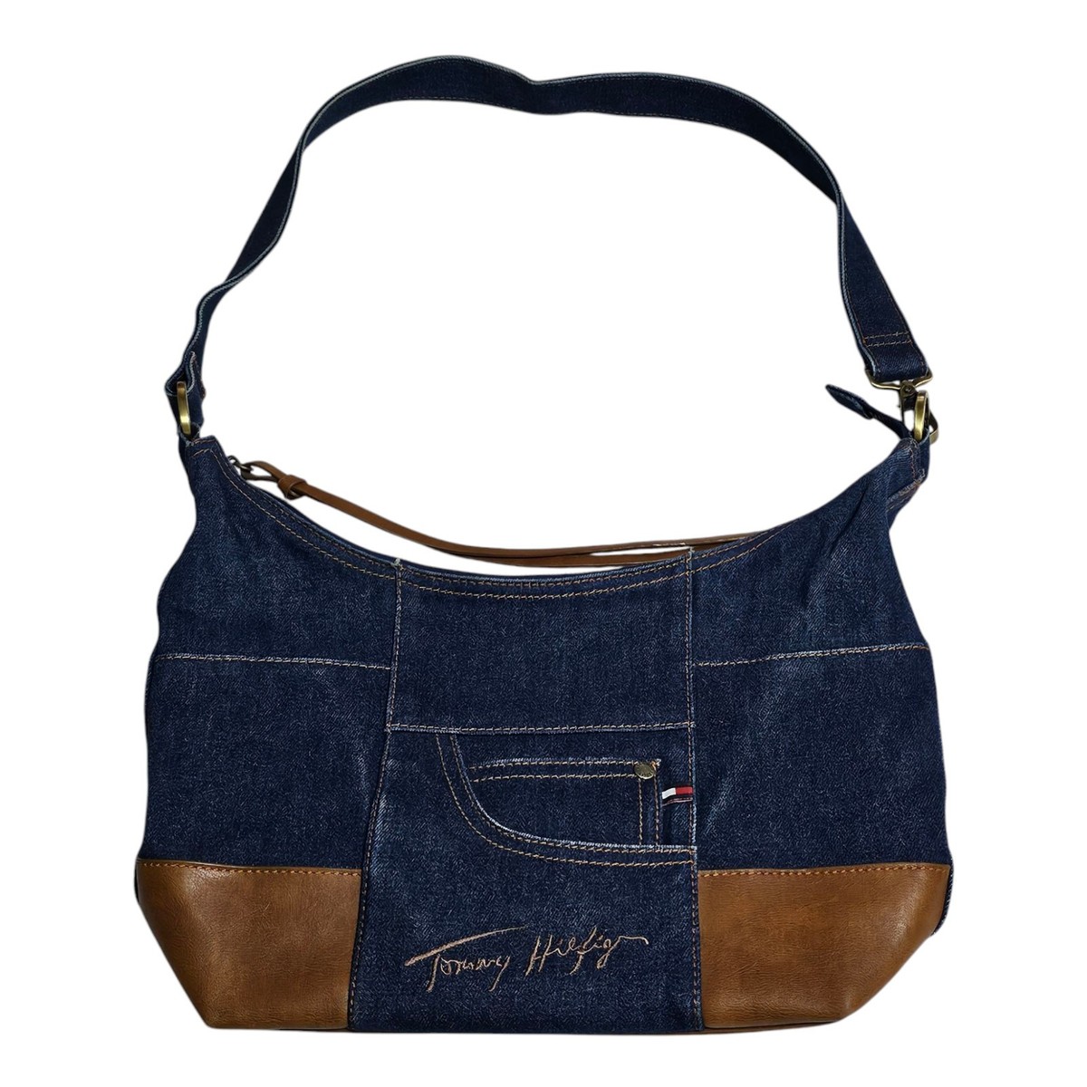 Vintage Tommy Hilfiger Purse Y2K Blue Denim & Brown Leather