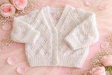 Brand New Hand Knitted Baby Cardigan 0-3 Months White
