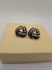 Vintage 80s Blue Enamel Goldtone Knot Pierced Earrings Signed DS