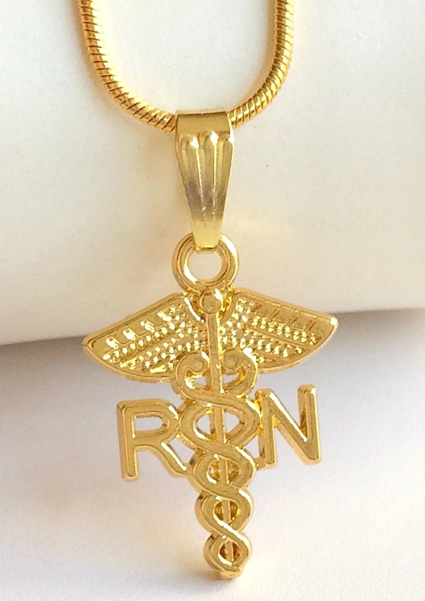 Gold Nursing RN Caduceus Necklace 18