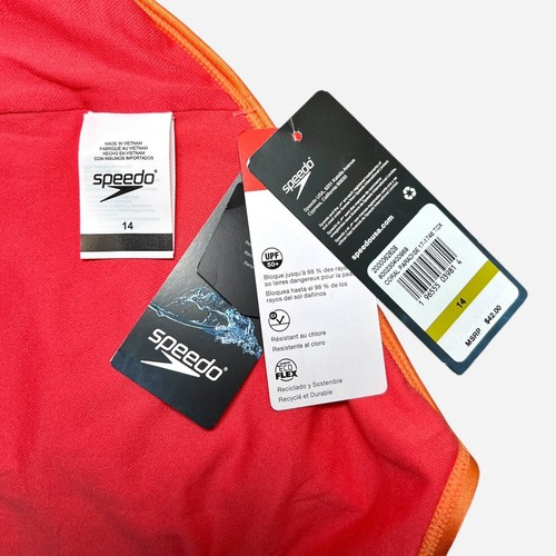 Speedo Big Girls Shimmer Color Block One Piece Swimsuit Orange Pink Sz 14 - Picture 10 of 14