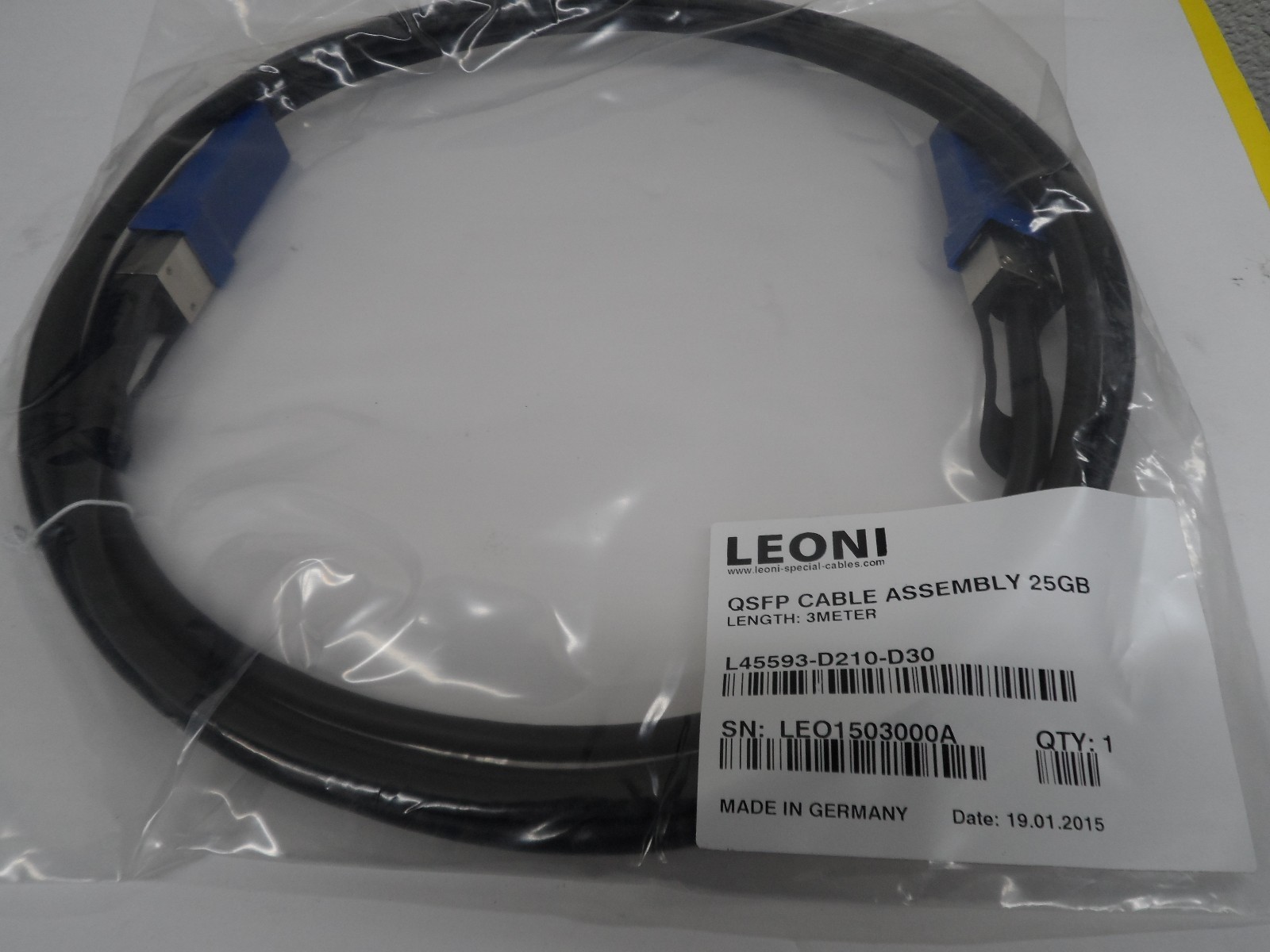 Leoni High Speed cable 3Meter QSFP Cable Assembly 25GB L45593-D210-D30 ...