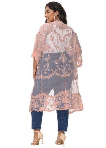 Plus Size Open Front Lace Floral Crochet Cover Up Long Kimono Cardigan - Picture 13 of 28
