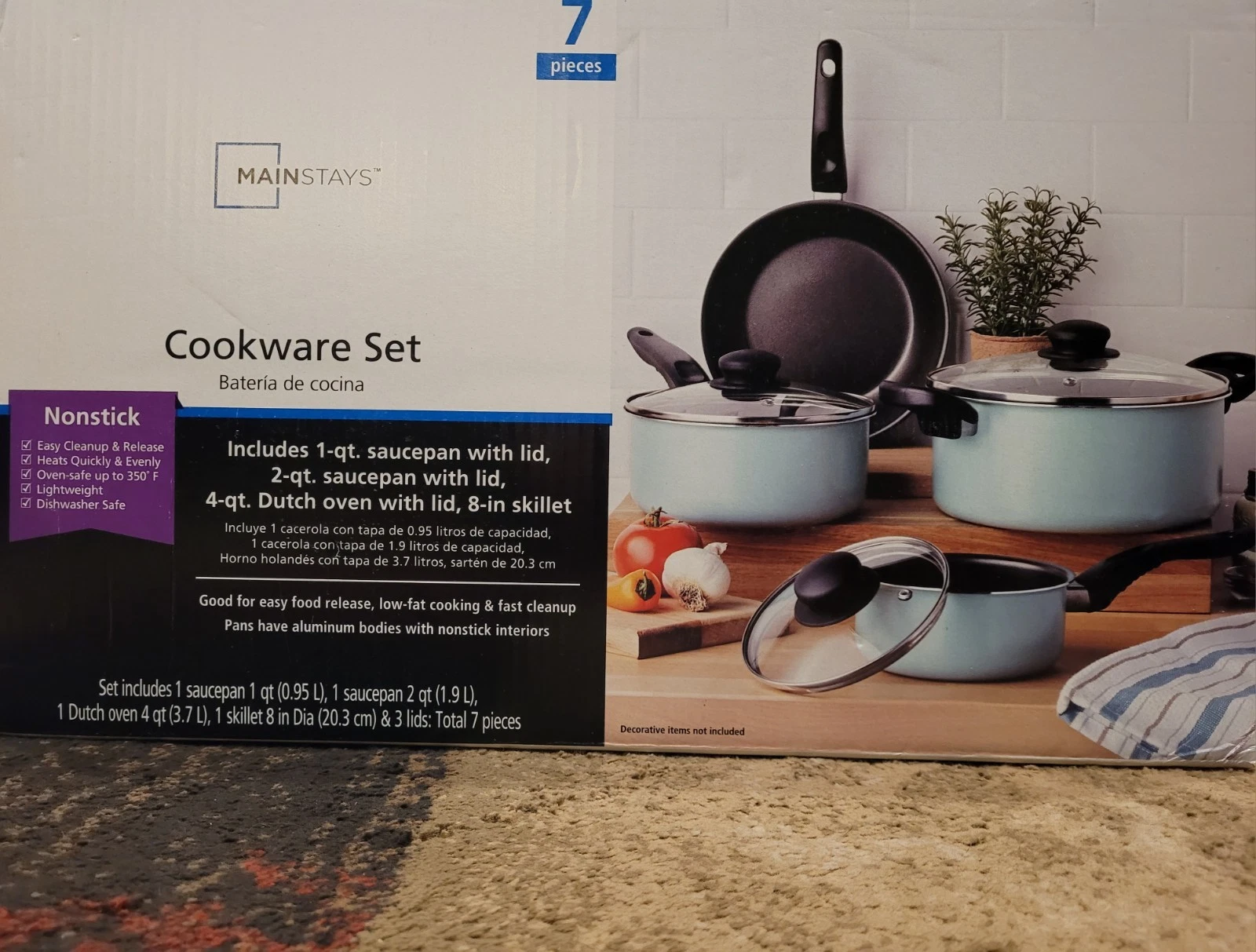 Mainstays 7 Piece Non-Stick Cookware Set Aluminum Black/Green Sage w/ Lids
