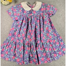 Vintage 80s Handmade Purple Floral Dress Peter Pan Collar Short Sleeve Ruffle 4T