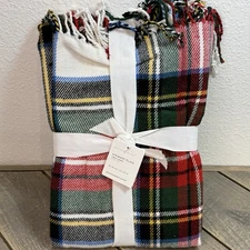 POTTERY BARN STEWART PLAID TASSEL CHRISTMAS TABLE THROW 50" SQ