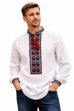 Ukrainian Embroidered shirt for Men handmade Vyshyvanka White LINEN Borshchiv