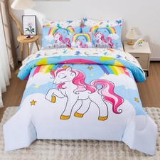 Unicorn Twin Bedding Sets for Girls Teens, 6 Piece Bed in a Bag Purple Rainbo...