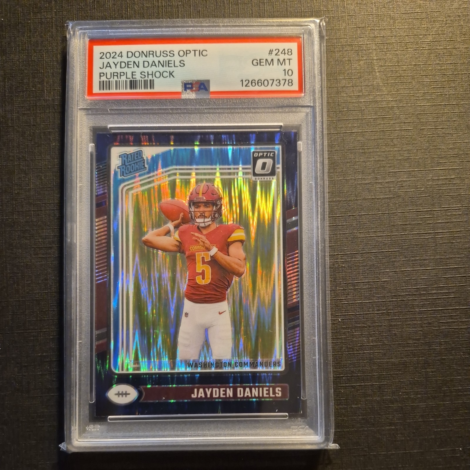 Panini 2024 Donruss Optic Jayden Daniels Rated Rookie #248 Purple Shock PSA 10