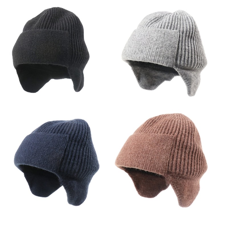 BUTTON EAR MUFF KNIT CAP ニットキャップ Acrylic Fibre Knitted Cap With Earmuffs Stretchy Winter Pullover
