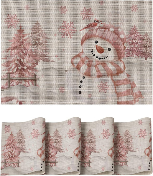 Rosa Schneemann Weihnachten Pvc Platzsets 4Er Set, 30X45Cm Winter Tischsets Schm-image