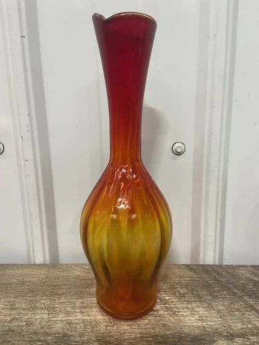 Vintage Blenko Glass Vase 64D Tangerine 11" Ribbed Optic Cadmium Glow