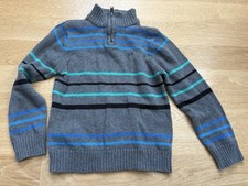 Calvin Klein Boys L Large 7 Zip Mock Neck Pullover Sweater Gray Stripe Cotton