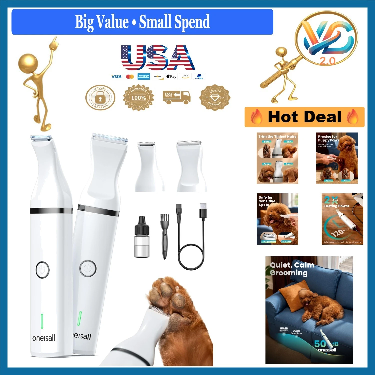 Cordless Dog Clippers - Low Noise Pet Grooming Trimmer for Paws Ears Face White