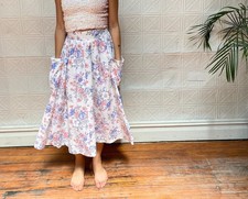 Vintage Floral Midi Skirt: High Waisted Cotton Prairie Skirt with Pockets