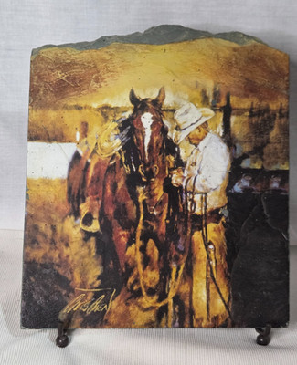 Chris Owen Western Cowboy & Horse (PREPARING FOR THE DAY) Print Slate Tile 8 x 7