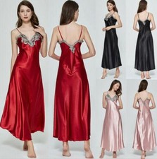 Women's Nightdress Lace Satin Nightgowns Long Chemise Sleepwear Silk Negligee US