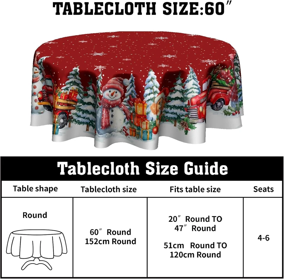 1 Pack 60” Christmas Round Tablecloth, Red Snowman Truck, Home Christmas Decor - Image 2 of 4