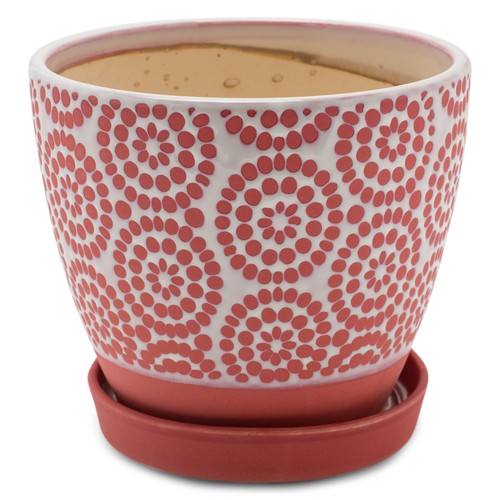 Napco Dotted Petal Red White 5.5 x 6 Inch Ceramic Flower Pot Planter with Saucer - 第 1/4 張圖片