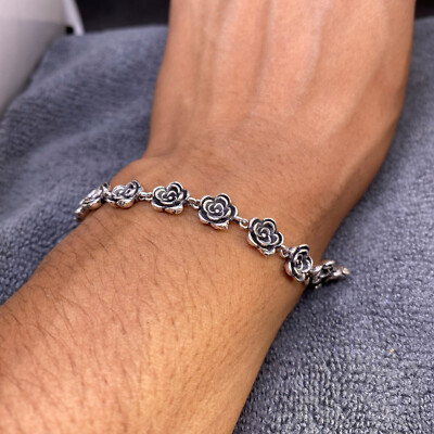 Solid 925 Sterling Silver Rose Flower Bracelet   Dainty Floral Jewelry for Women