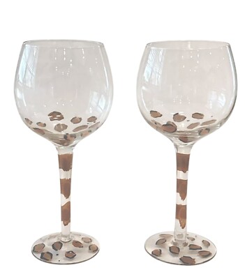 Set of Two Leopard Chetah Brown Black Spot Print Wine Glasses Goblets Clear  8.5" | eBay