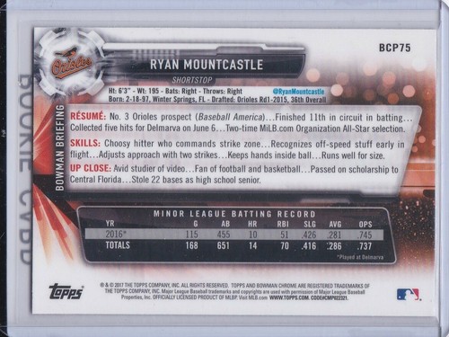 RYAN MOUNTCASTLE ROOKIE CARD 2017 Bowman Chrome Prospects RC Orioles Baseball - Picture 2 of 2