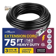 75ft Power Outdoor Extension Cord & Indoor - Waterproof Electric Drop Cord Cable