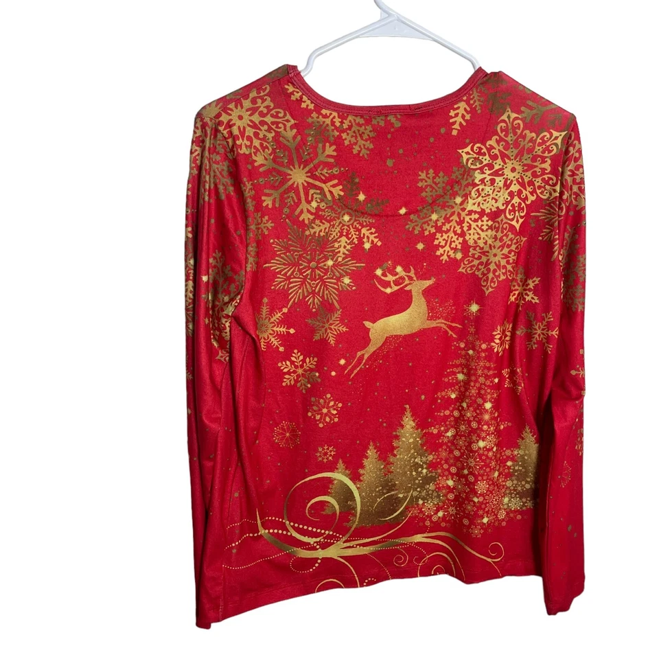 Рождественская рубашка Erika женская маленькая красное золото со стразами праздничный металлический олень - Изображение 3 из 4