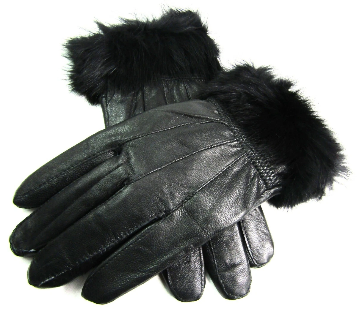 Ladies New Super Soft Genuine Black Leather Gloves Faux Fur Trim Fully Lined