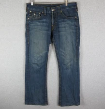 True Religion Billy Jeans Mens 33 Blue Distressed Denim Boot Leg Hipster Casual