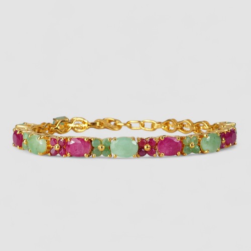 Velvety Ruby & Emerald Oval 925 Sterling Silver 24K Gold Plated Bracelets 8.0 In