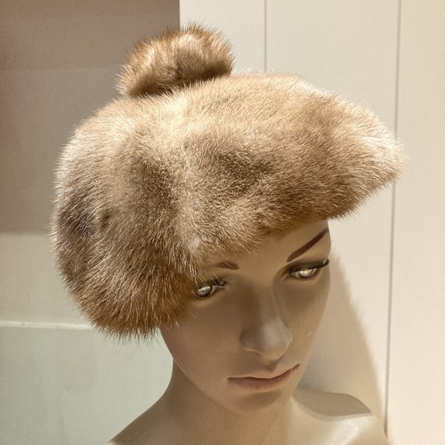1950s Vintage Mid Brown Mink Beret Style Fur Hat with Pom Pom, Size M - Picture 5 of 7