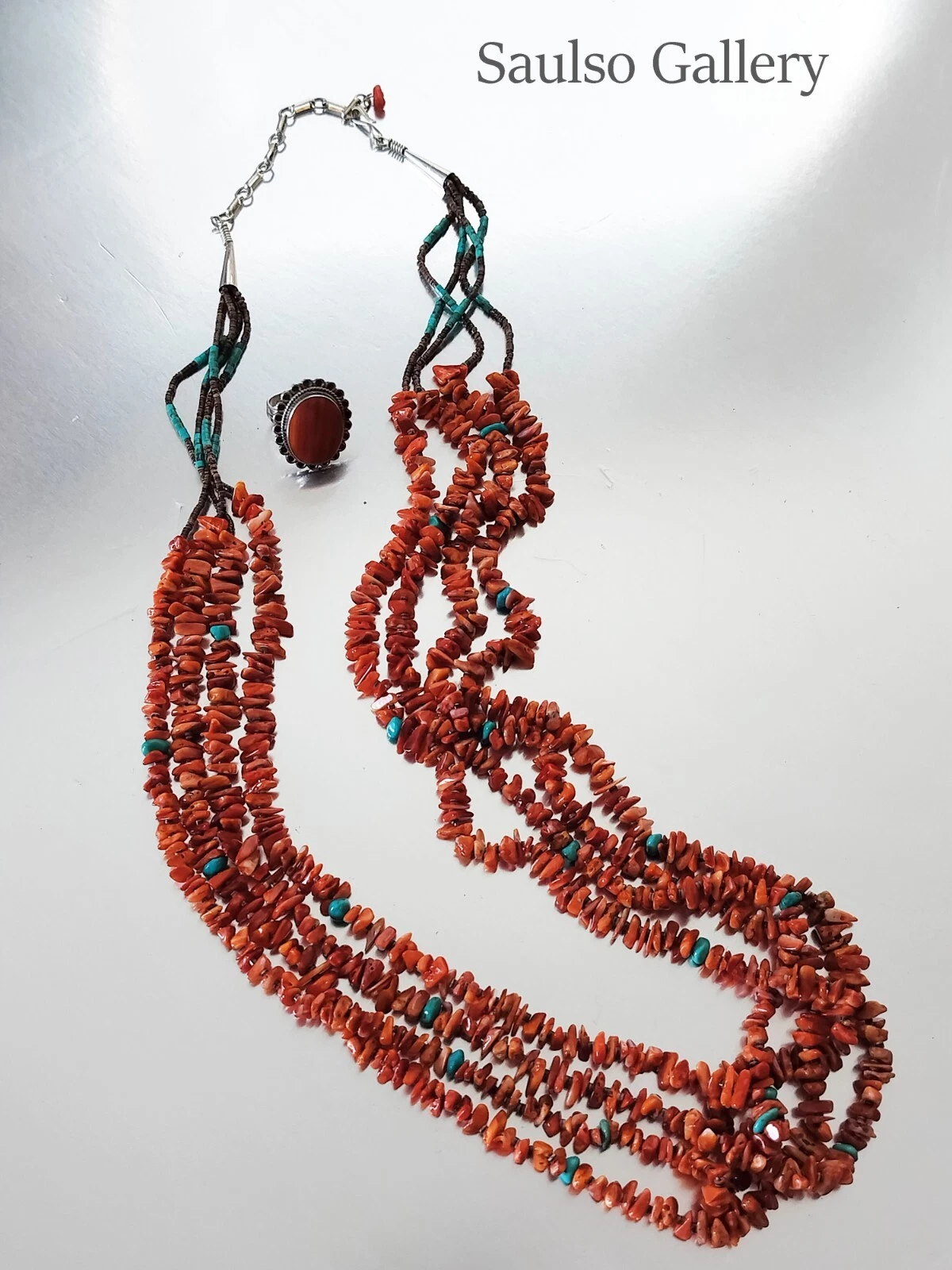 Rare antique santo domingo pueblo coral necklace and ring from estate