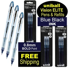 Uni-Ball Vision Elite, Blue Black Ink, 3 Pens Plus 3 Pk of Refills, 0.8mm Bold