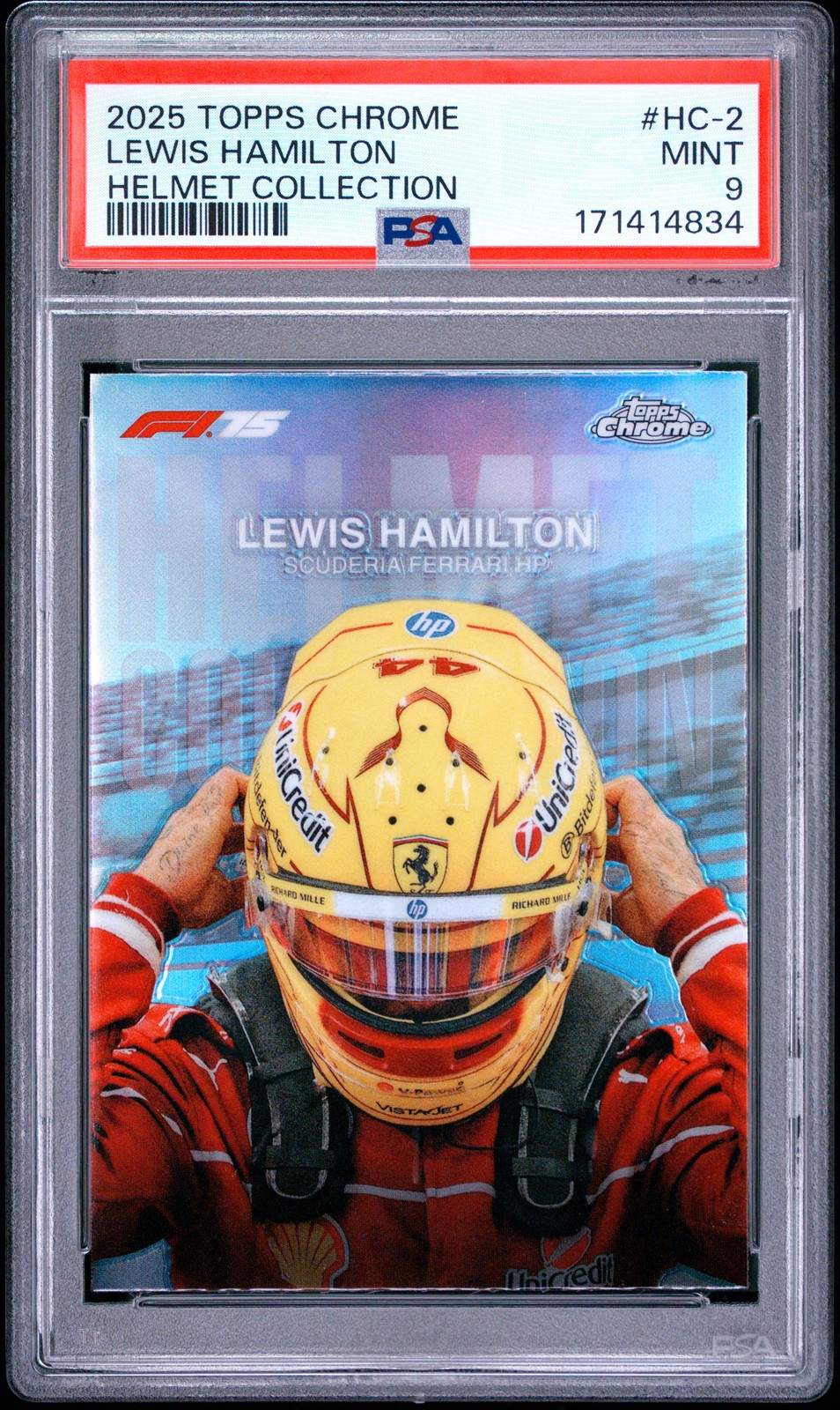 2025 TOPPS CHROME FORMULA 1 HELMET COLLECTION #HC-2 LEWIS HAMILTON PSA 9 view 1