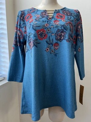 NWT Ruby Rd Women s PETITE MEDIUM Blue Floral 3/4 Sleeve Top $59