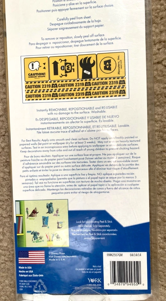 Tinta de monstruo Pixar de Disney. Kit de calcomanías de pared 6 piezas Peel Stick Move - NUEVO Foto 4 de 4