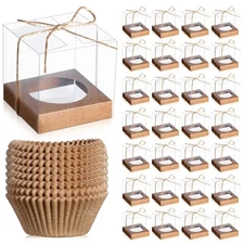 Ctosree 50 Pcs Clear Plastic Cupcake Boxes 3.5" + 100 Liners Baking Cups Holders