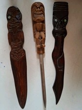 3x Hawaiian Moari Tiki Rotorua New Zealand Wood Carved Pearl Inlay Letter Opener