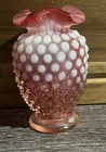 Fenton Cranberry Opalescent Hobnail Glass Vase w/ Pie Crust Crimped Top 3.5”