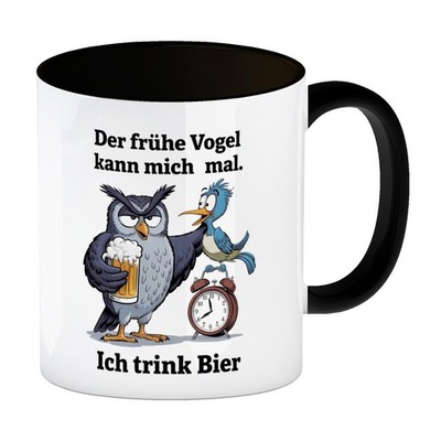 Graue Eule mit Bierkrug - Der frühe Vogel kann mich mal Kaffeebecher in schwarz