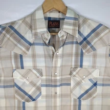 PLAINS WESTERN WEAR Vtg Beige Blue Plaid Short Sleeve Pearl Snap SHIRT Men's