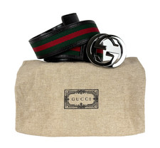 Gucci Auth Web Belt 100 cm 40 in Silver GG Red Green Fabric Brown Leather Runway